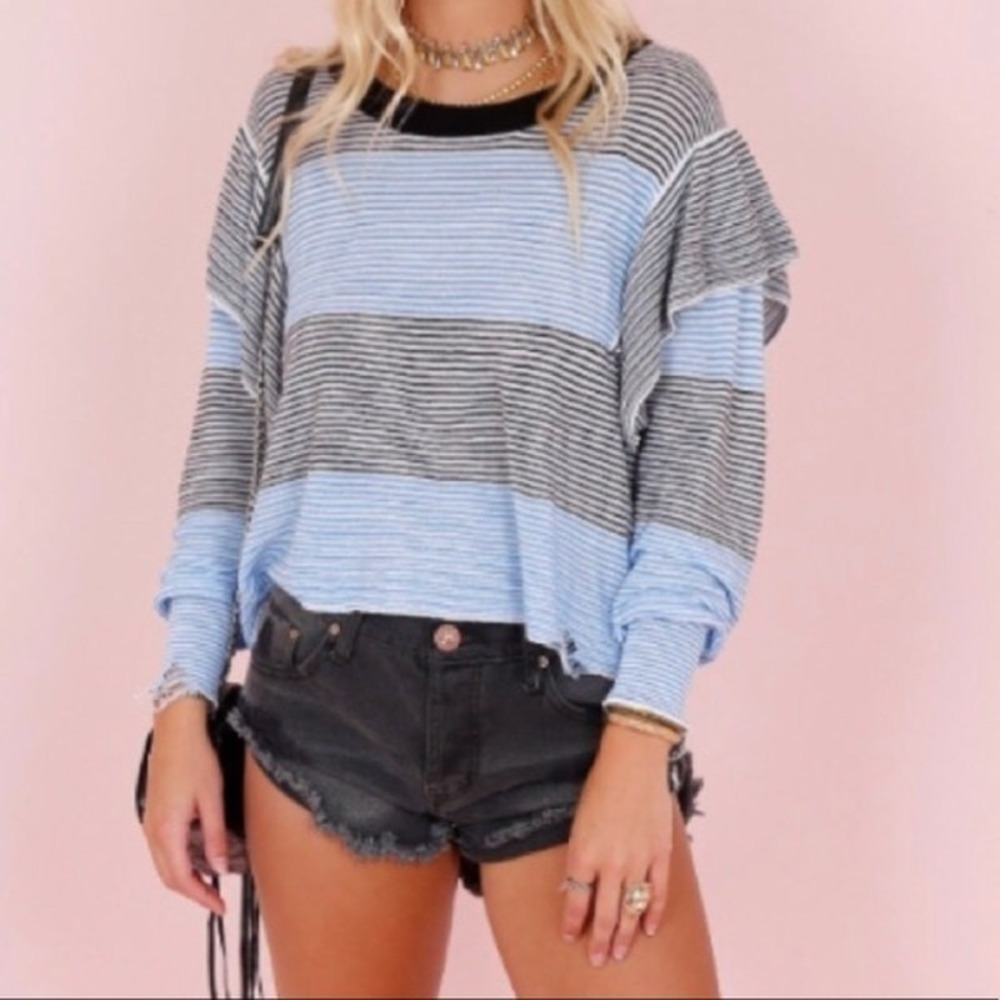 Wildfox Astor Aura Striped Distressed Ruffle Sweater NWT Size S